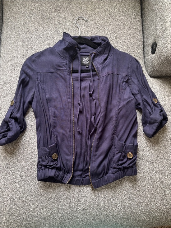 mine Jackets & Blazers - mine Navy Drawstring Zip-Up Utility Jacket with Rolled Sleeves